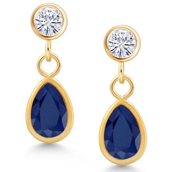 14K Yellow Gold 1.20 Cttw Navy Blue Sapphire and White Moissanite Post Earrings - Picture 1 of 4